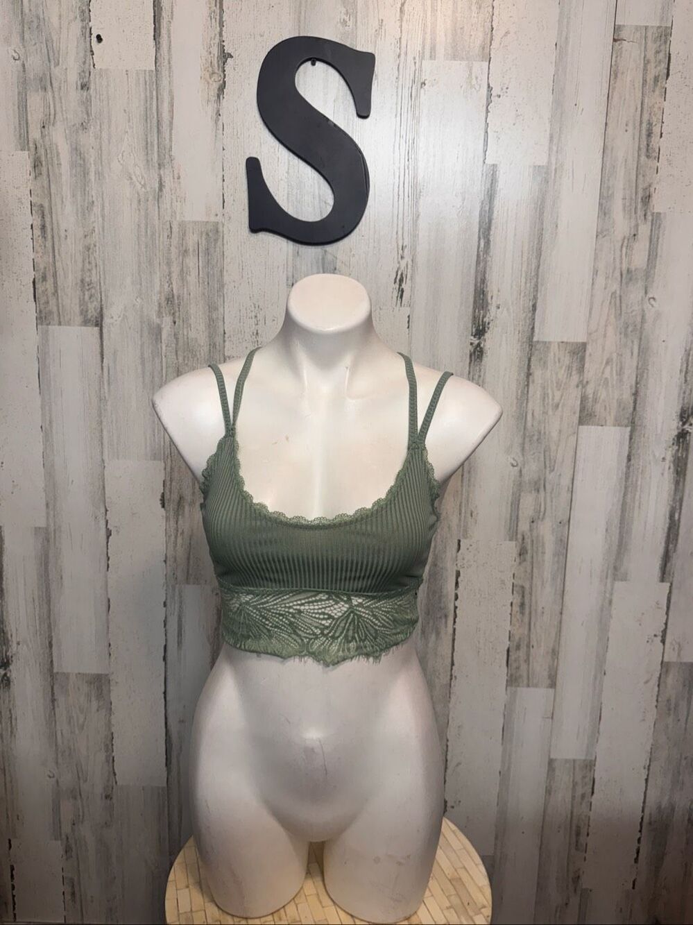 Sage Green Ribbed Scalloped Floral Lace Trim Strappy Bralette Crop Top S